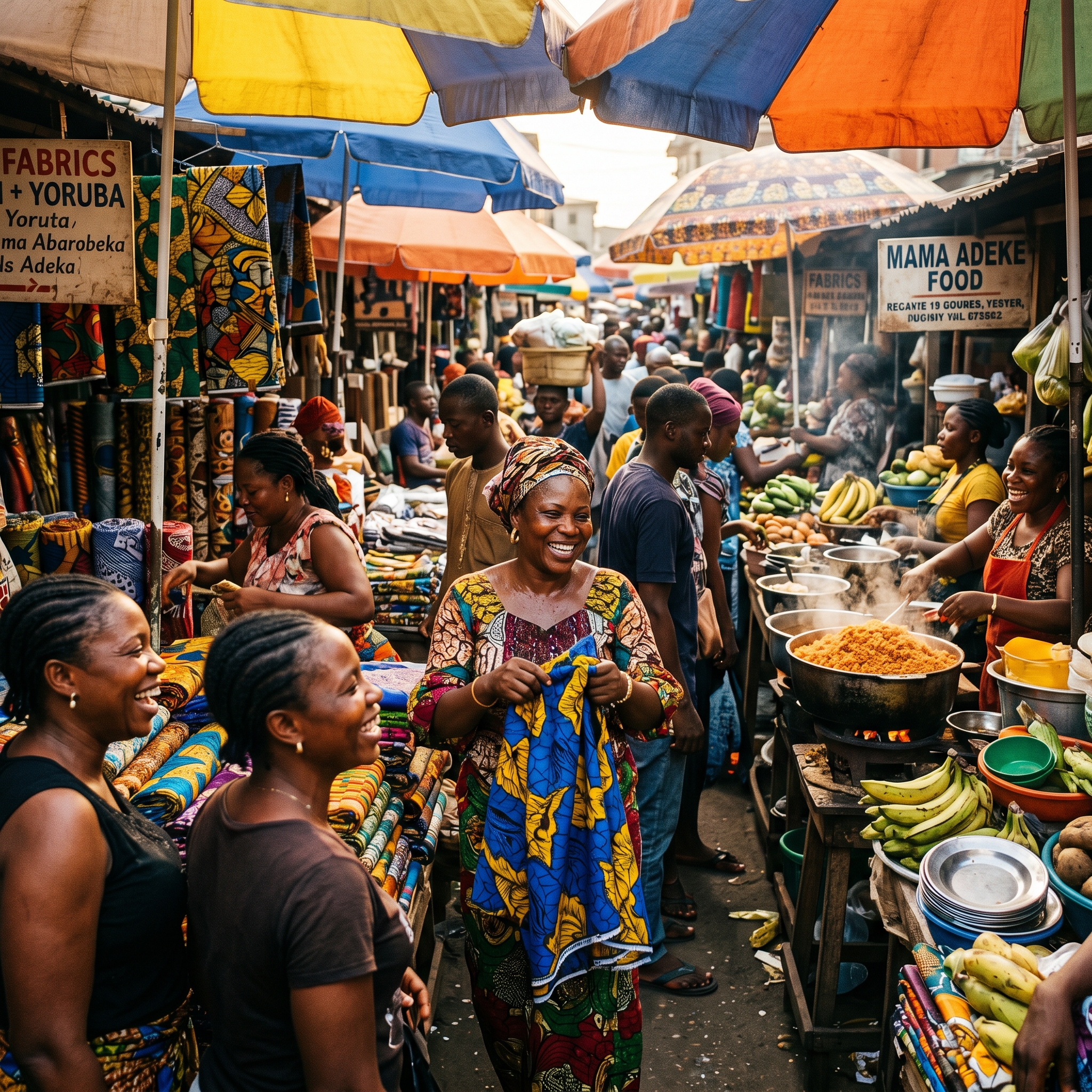 Lagos street market — traders and vendors, warm afternoon light