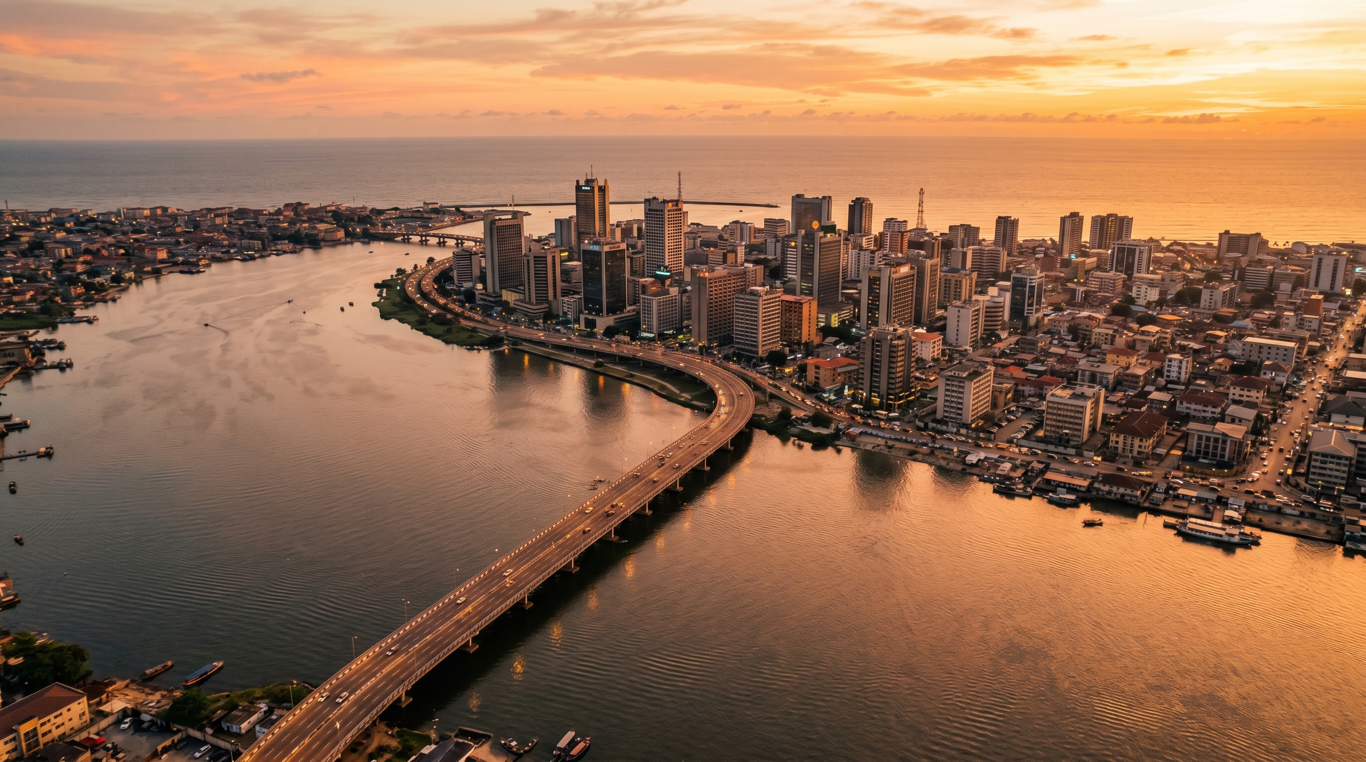 Golden-hour aerial view of Lagos Island and the Third Mainland Bridge